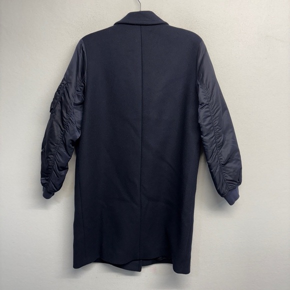 Sandro Gilmour Shell Paneled Wool Blend Coat Asymmetrical Zip Navy Blue 40 - Picture 3 of 9
